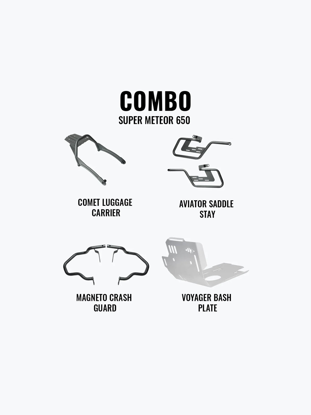 LCB Super Meteor 650 Mega Combo Magneto Crash Guard, Aviator Saddle Stay, Voyager Bash Plate & Comet Luggage Carrier