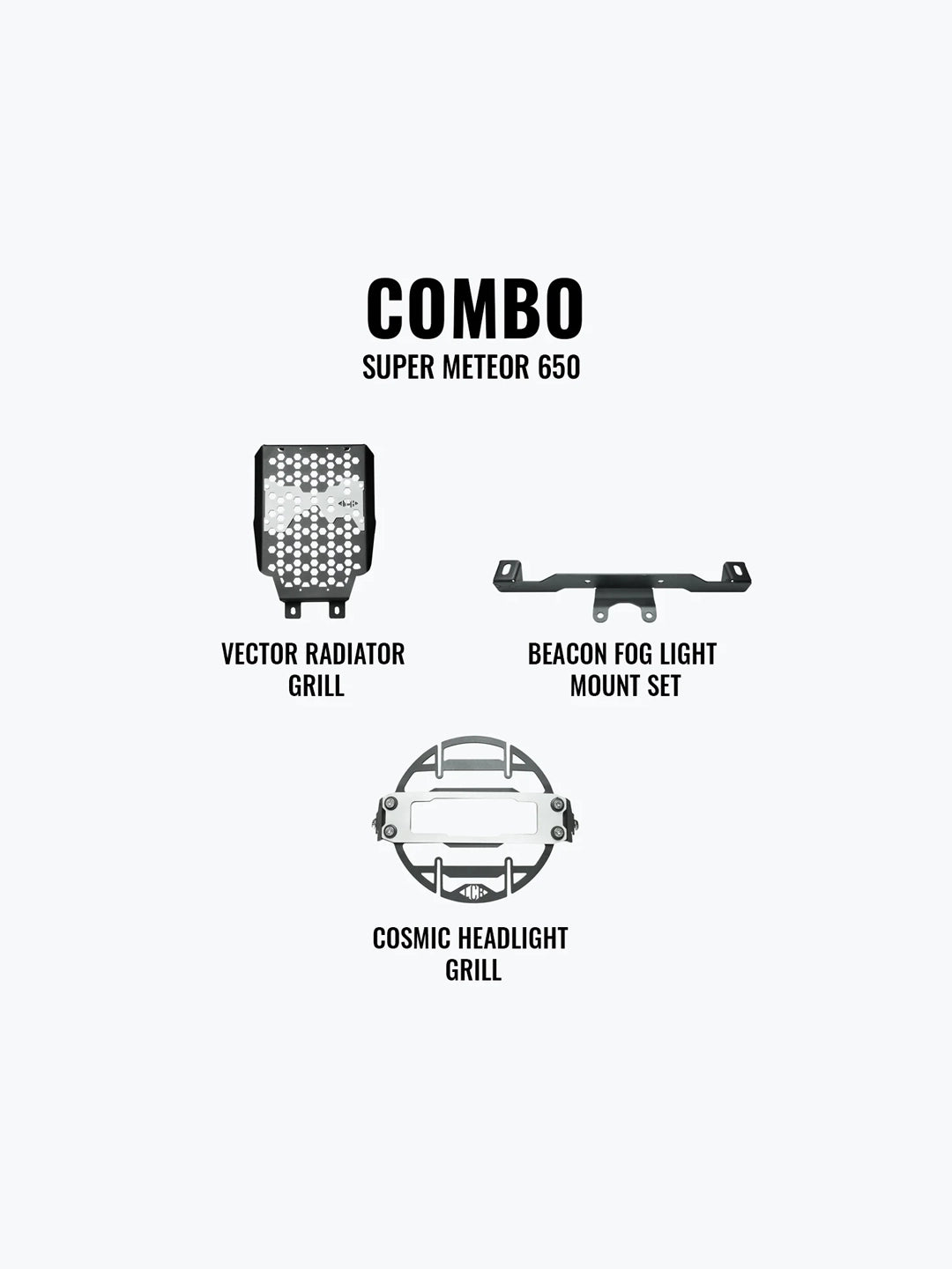 LCB Super Meteor 650 Combo Cosmic Headlight Grill, Vector Radiator Grill & Beacon Fog Light Mount Set